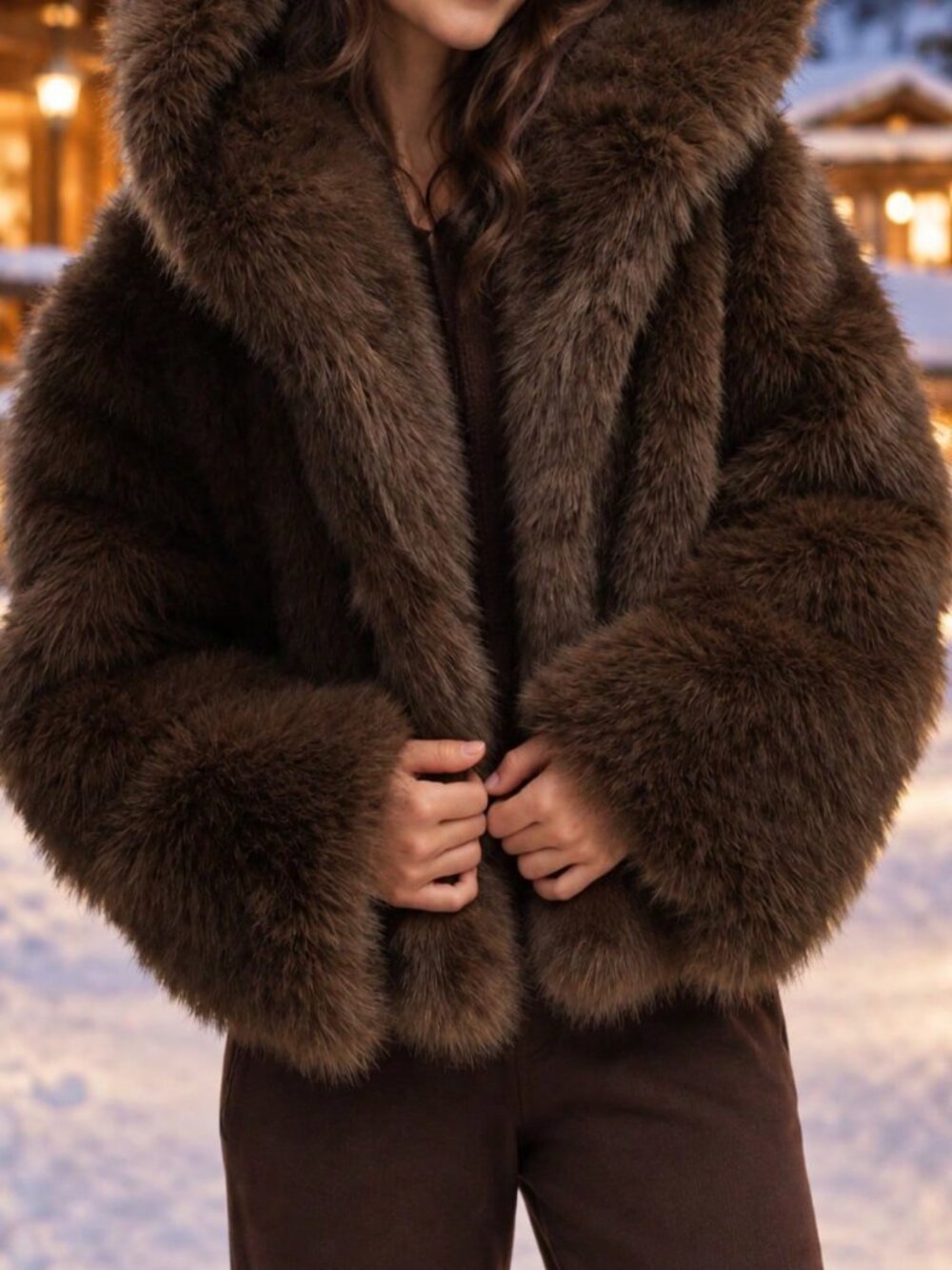 Coffee Brown Party Women's Faux Fur Hooded Short Coat - Picture 4 of 5